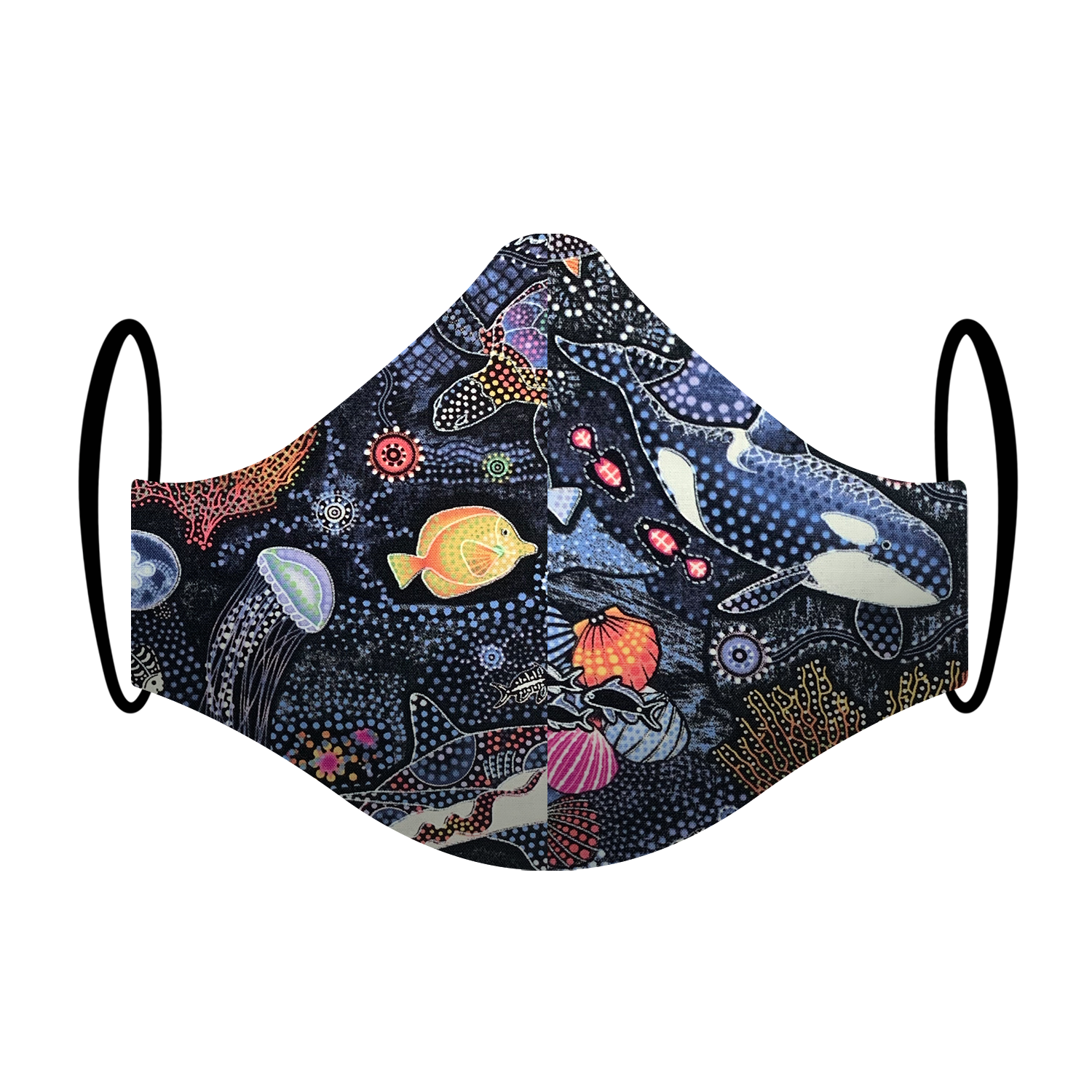 Triple layered face mask made in Melbourne Australia from cotton and poplin featuring a unique ocean reef whale shark dolphin coral fish jellyfish print